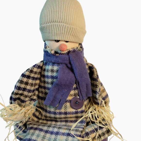 Snowman Doll Purple Plaid Coat Scarf Hat Shelf Sitter Handmade Fabric - Picture 4 of 9
